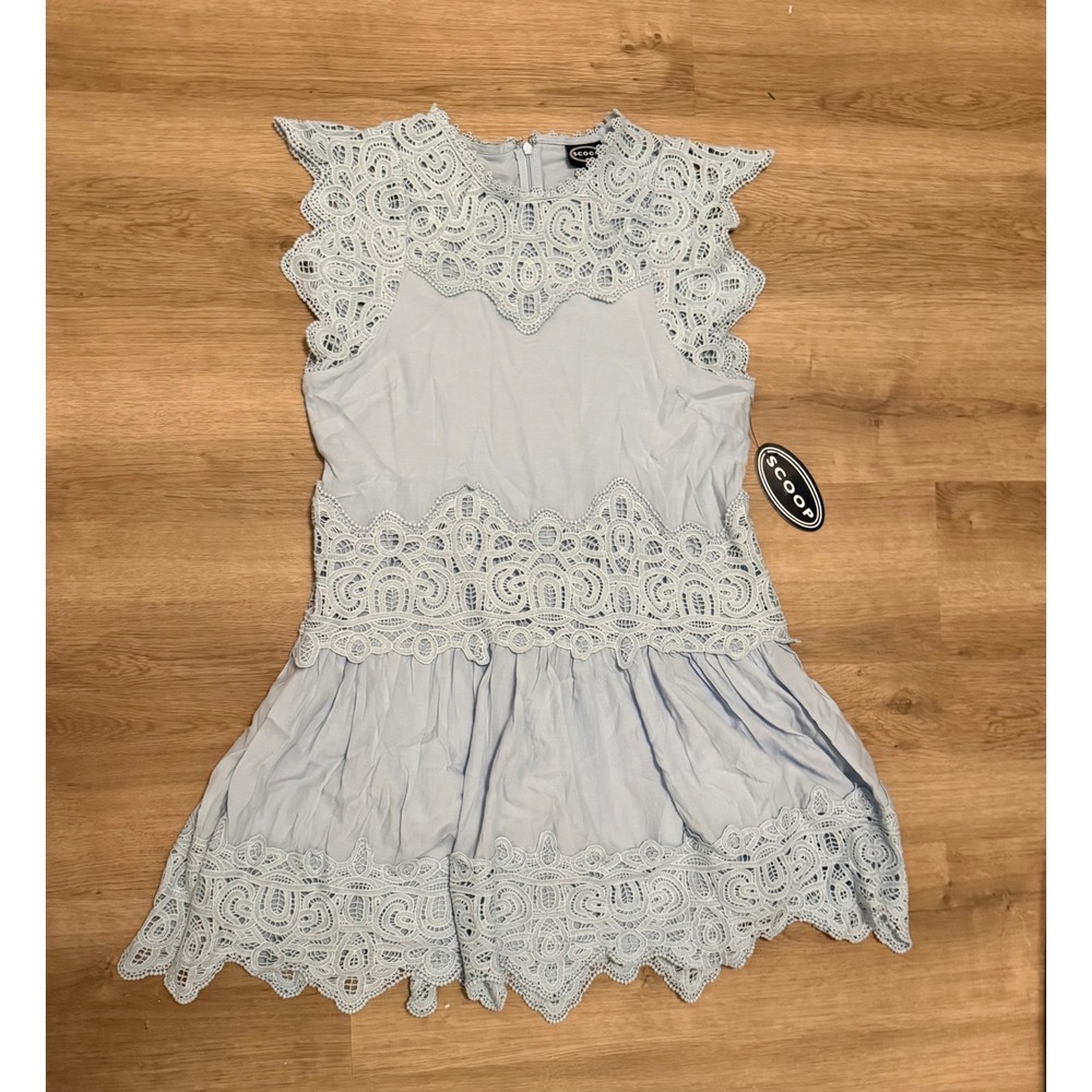 Scoop Mini Crochet Dress Bashful Blue Lace Sleeveless Tiered XS 0-2 NWT